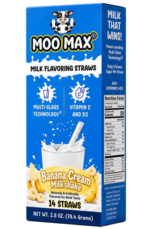 MooMax Banana Cream Milk Flavoring Straws packaging featuring Banana Cream Milkshake flavor, Multi-Glass Technology™ and 14 straws.