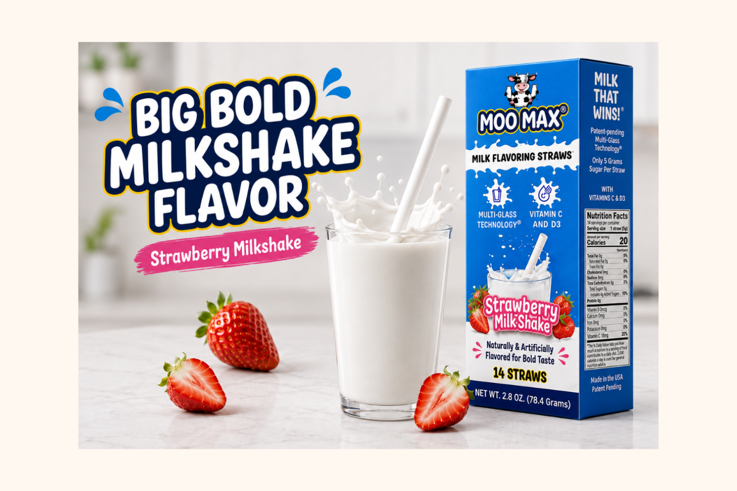 MooMax Strawberry Milkshake Milk Flavoring Straws box beside a glass of milk with strawberries, highlighting big bold milkshake flavor.