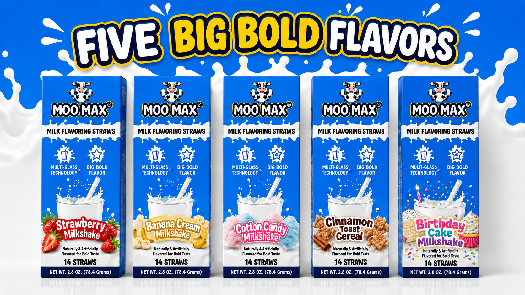 Five MooMax Milk Flavoring Straws boxes featuring Strawberry Milkshake, Banana Cream, Cotton Candy, Cinnamon Toast Cereal, and Birthday Cake flavors.