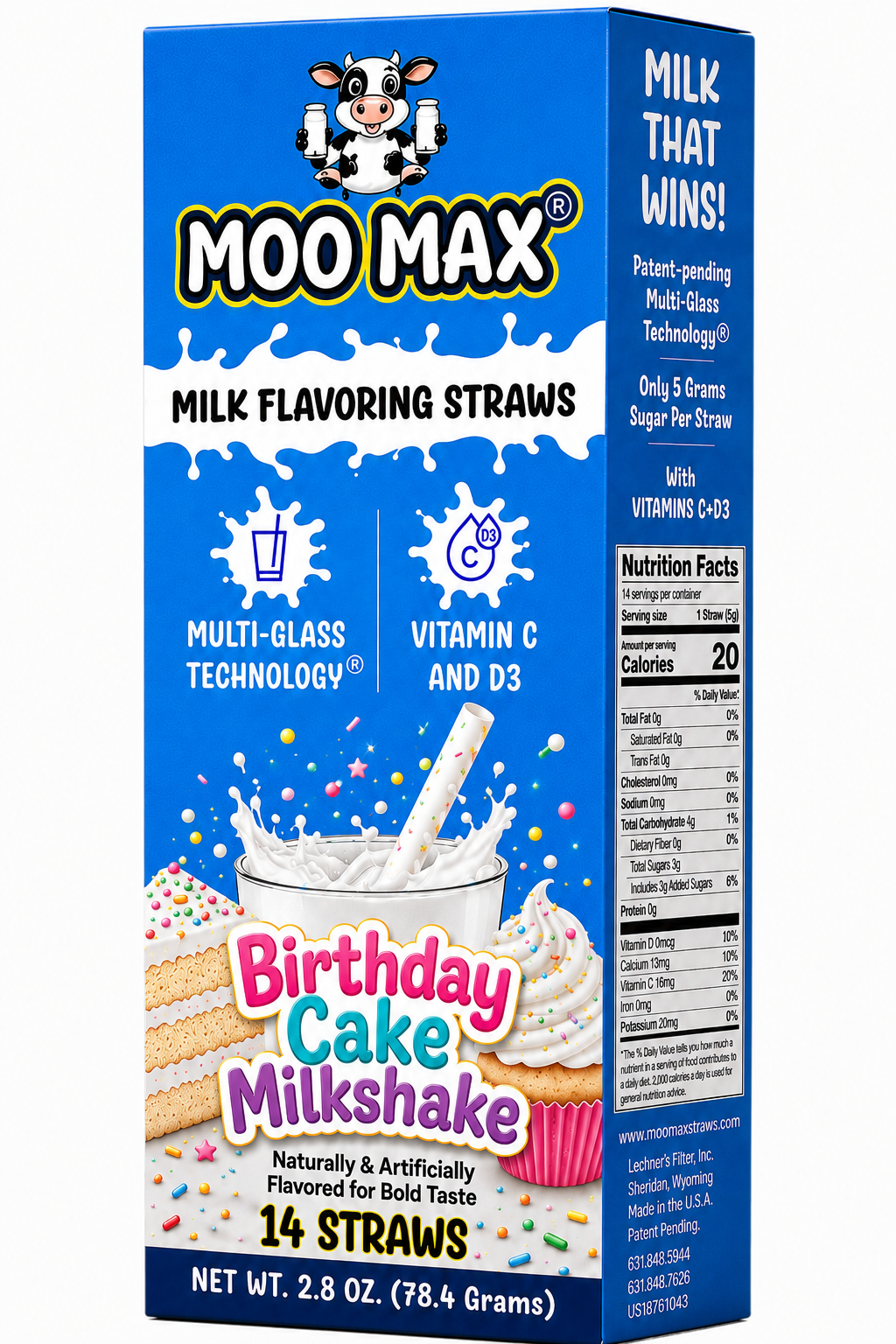 MooMax Birthday Cake Milk Flavoring Straws packaging featuring Birthday Cake Milkshake flavor, Multi-Glass Technology™ and 14 straws.