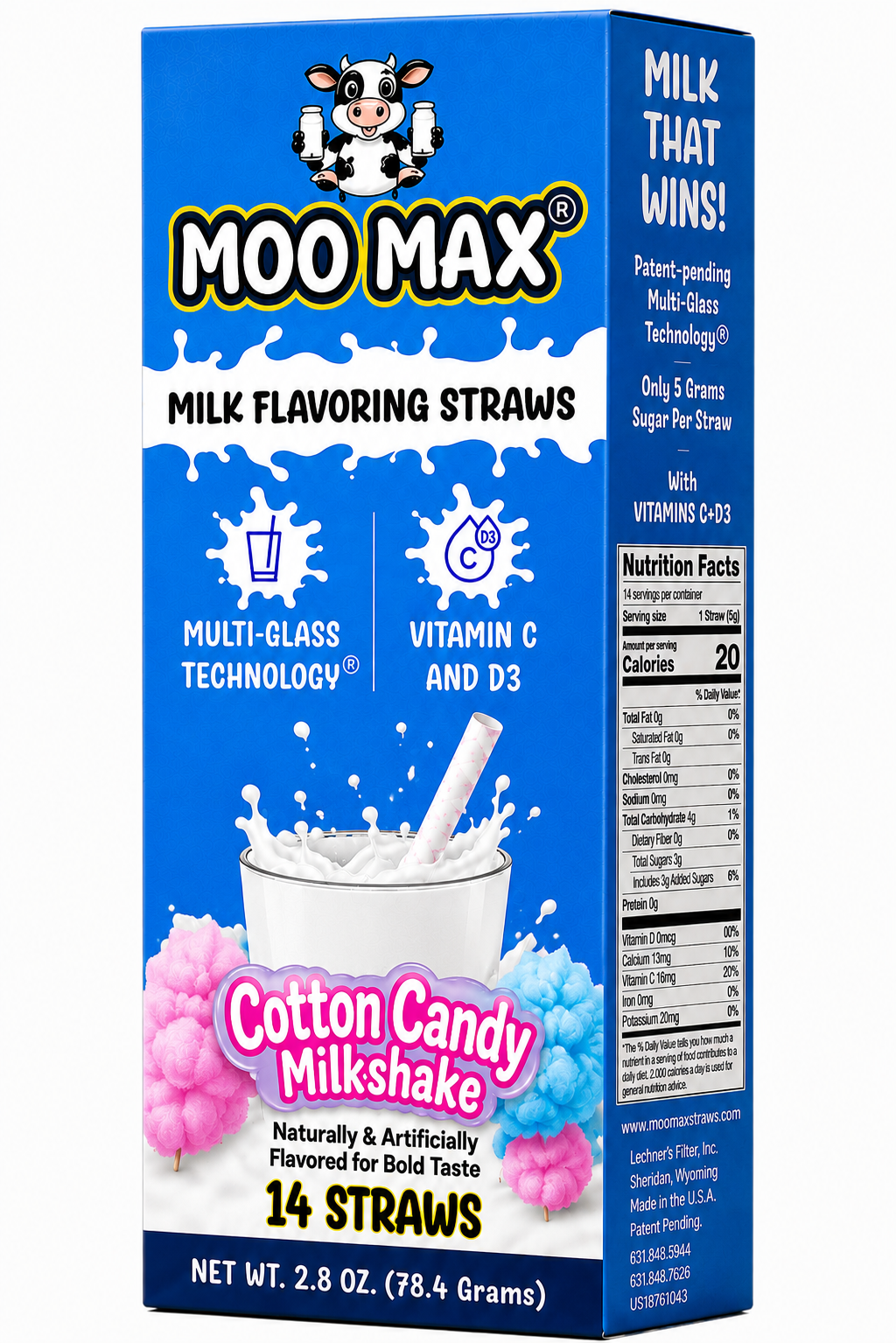 MooMax Cotton Candy Milk Flavoring Straws packaging featuring Cotton Candy Milkshake flavor, Multi-Glass Technology™ and 14 straws.