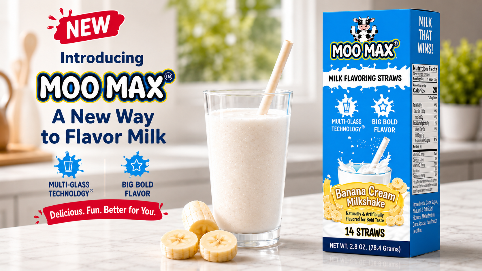 MooMax Banana Cream Milk Flavoring Straws box beside a glass of milk and banana slices.