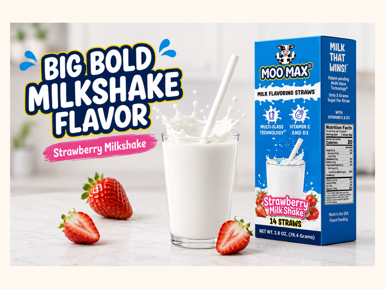 MooMax Strawberry Milkshake Milk Flavoring Straws box beside a glass of milk with strawberries, highlighting big bold milkshake flavor.