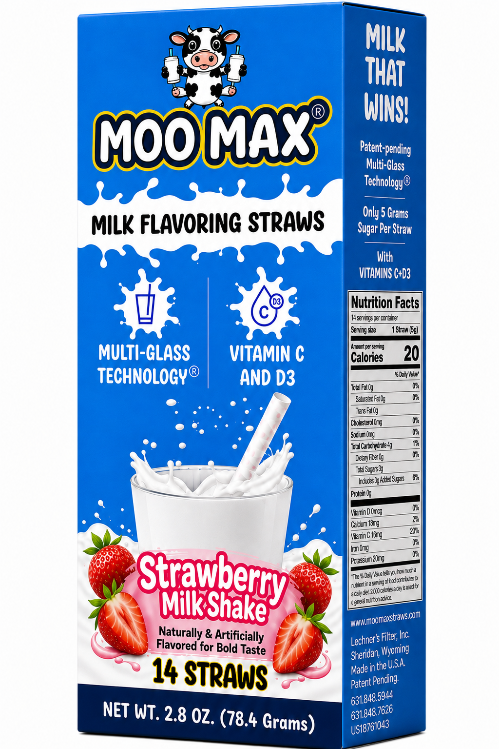 MooMax Strawberry Milkshake Milk Flavoring Straws packaging featuring Strawberry Milkshake flavor, Multi-Glass Technology™ and 14 straws.