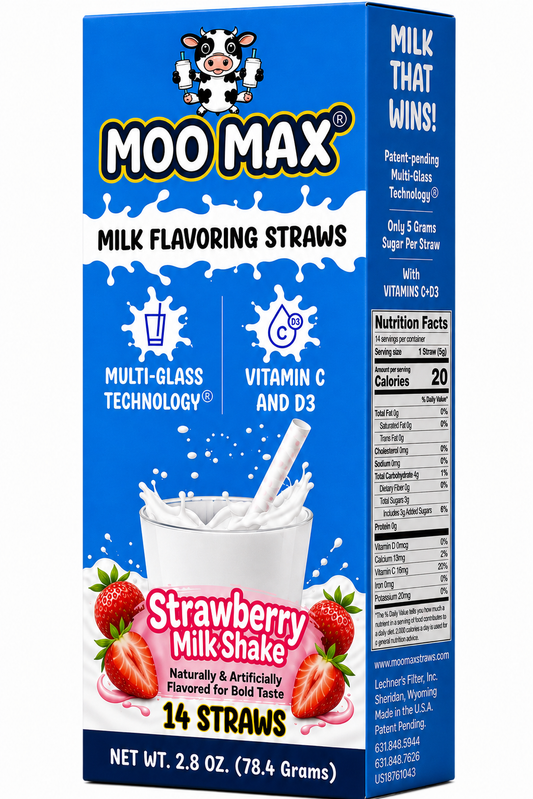 MooMax Strawberry Milkshake Milk Flavoring Straws packaging featuring Strawberry Milkshake flavor, Multi-Glass Technology™ and 14 straws.