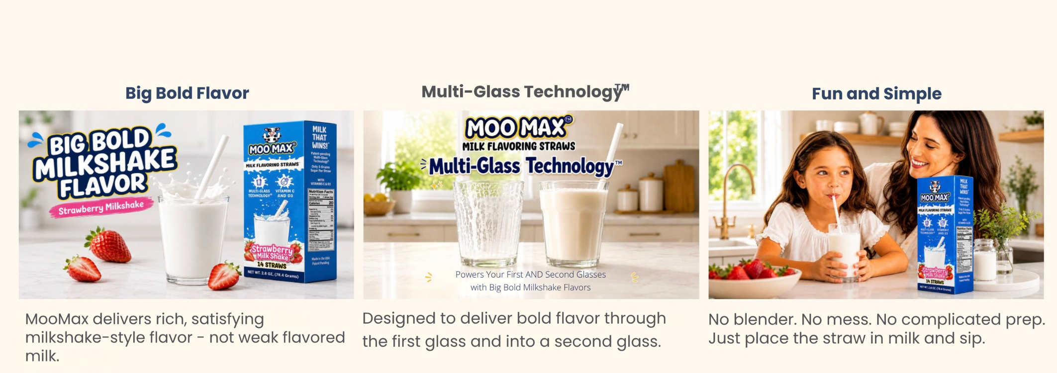 MooMax Milk Flavoring Straws highlighting Big Bold Flavor, Multi-Glass Technology, and easy milk preparation.